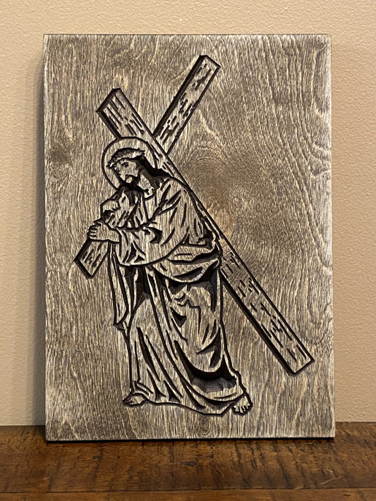 Jesus Carrying Cross Wood Carved Wood Sign Wall Art