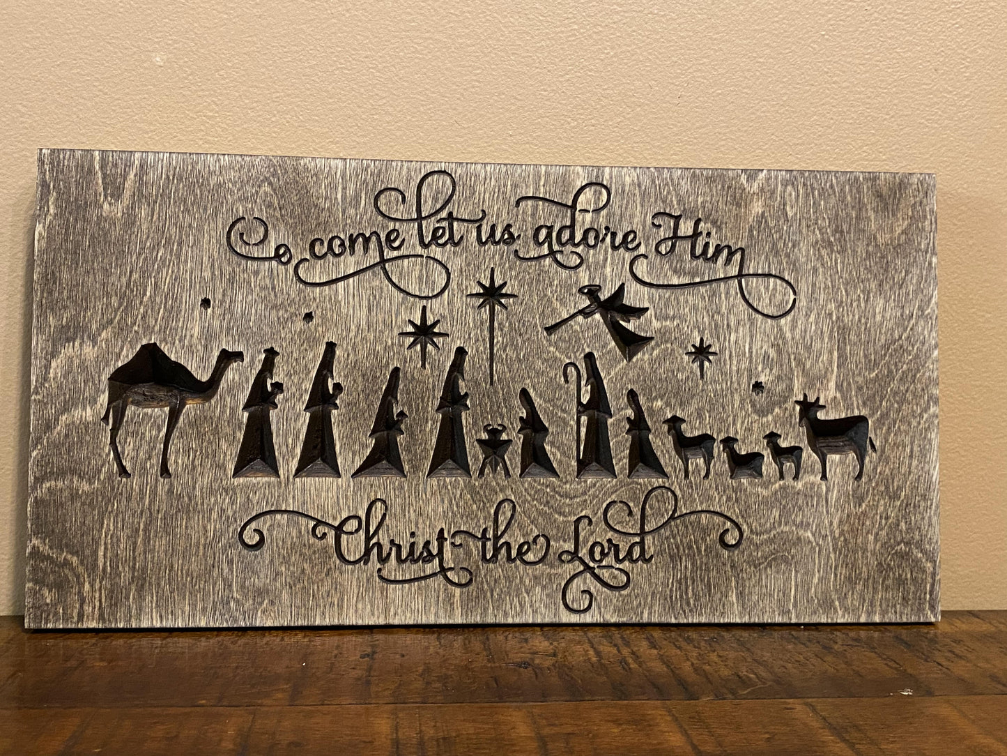 O Come Let Us Adore Him Nativity Christian Christmas Wall Art Wood Sign