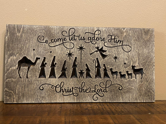 O Come Let Us Adore Him Nativity Christian Christmas Wall Art Wood Sign