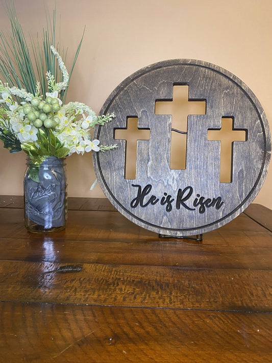 He is Risen 3 Crosses Christian Easter Wall Art Wood Sign